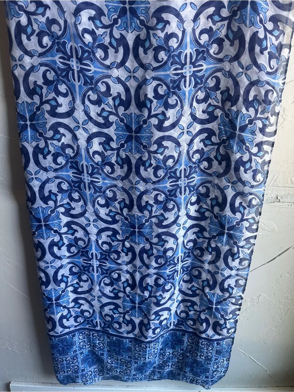 Blue Tile Print Scarf Wrap Blue White Mediterranean Boho Euro Summer 104x78